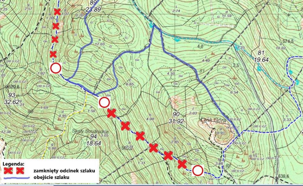 Zamknięty odcinek szlaku oraz obejście oddziału 90 h