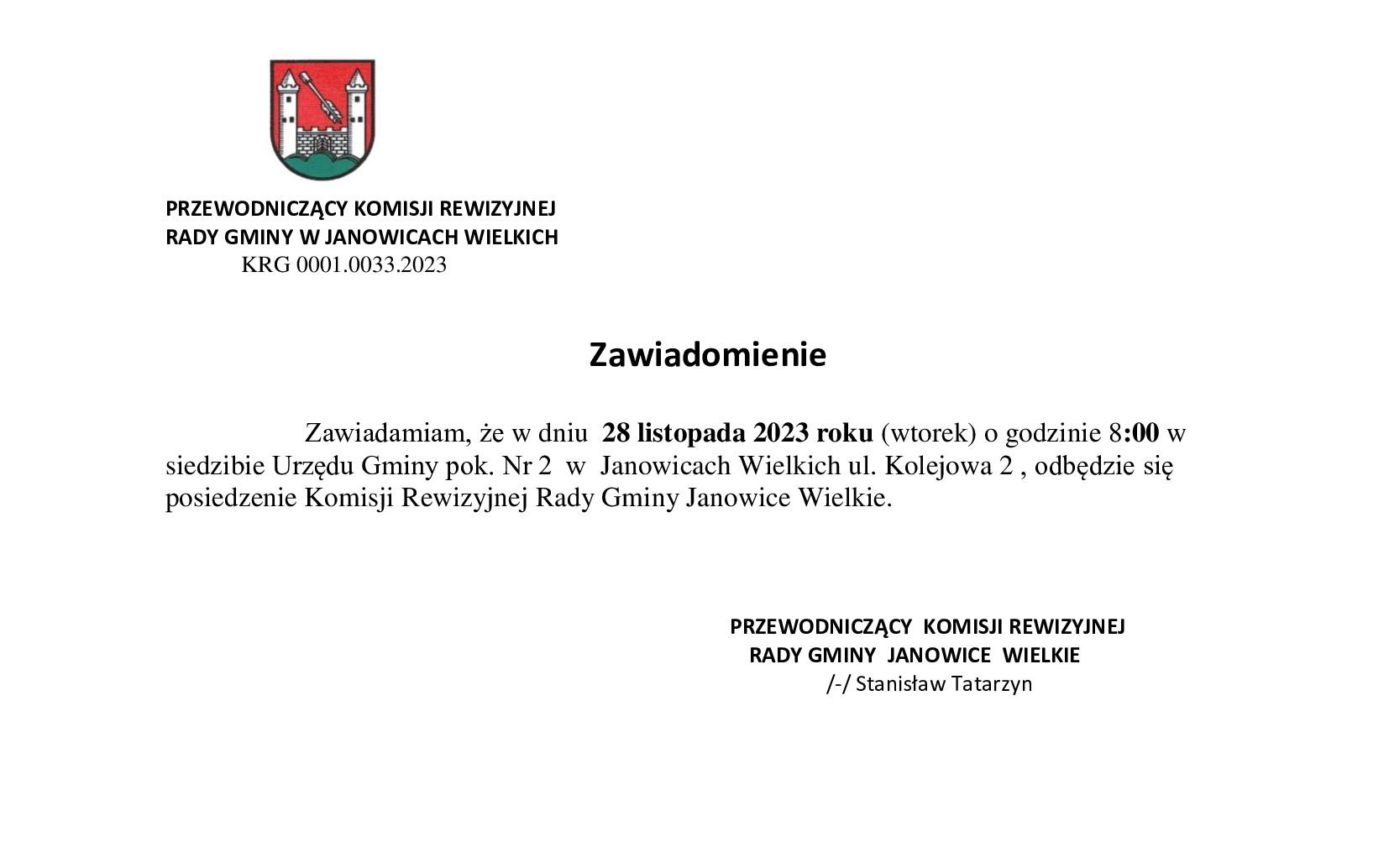 Zawiadomienie o posiedzeniu Komisji Rewizyjnej