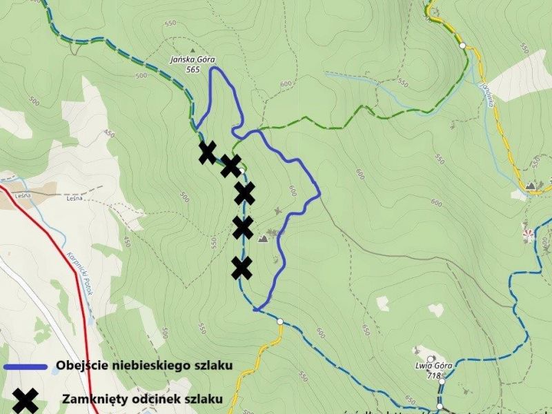 Mama czasowo zamknętego odcinka szlaku z przełęczy Karpnickiej w kierunku Lwiej Góry