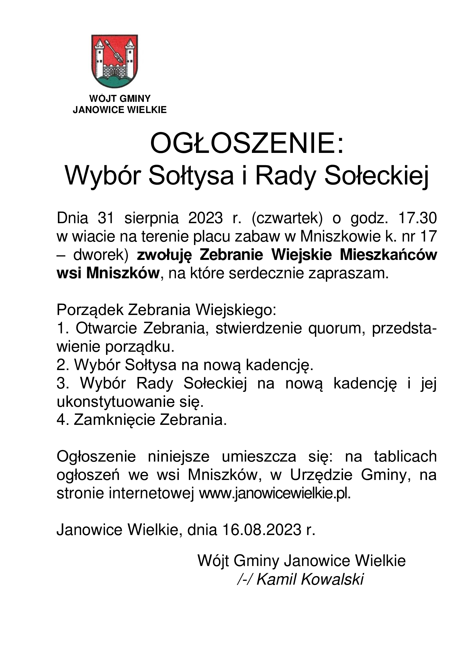 ogłoszenie Zebranie Wiejskie Mniszków II