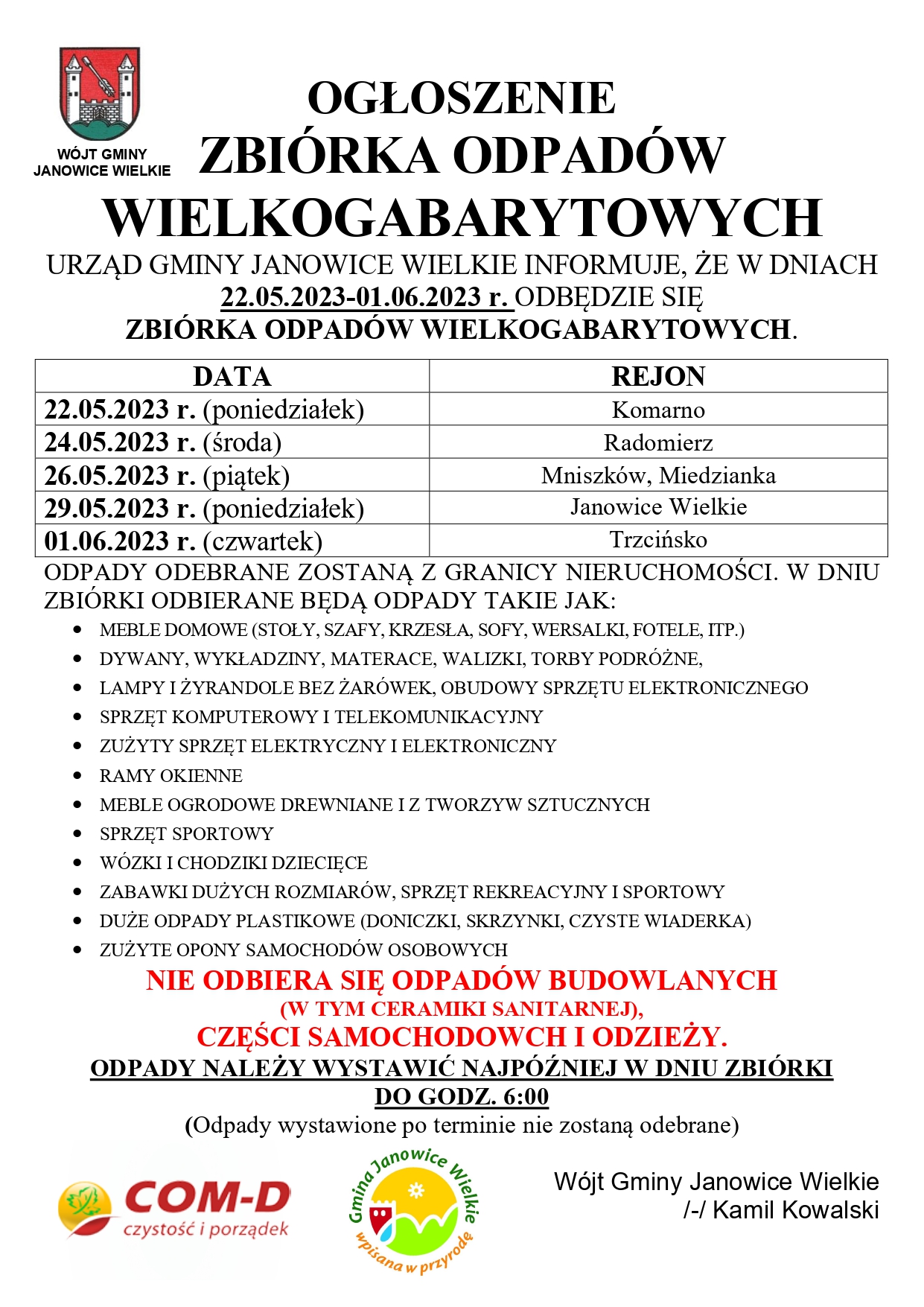 zbiórka odpadów wielkogabarytowych Gmina Janowice Wielkie 2023 page 0001